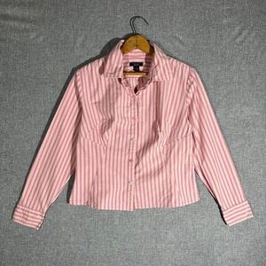 Pink and white striped tailored button up blouse with long sleeves and collar